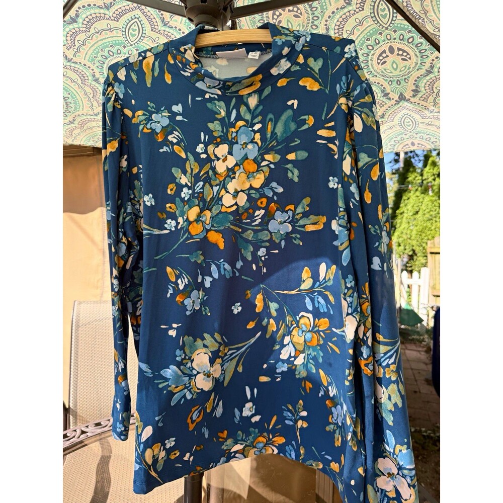 Susan Graver Top Womens 3X Blue Floral Crew Neck Long Sleeve Stretch Pullover